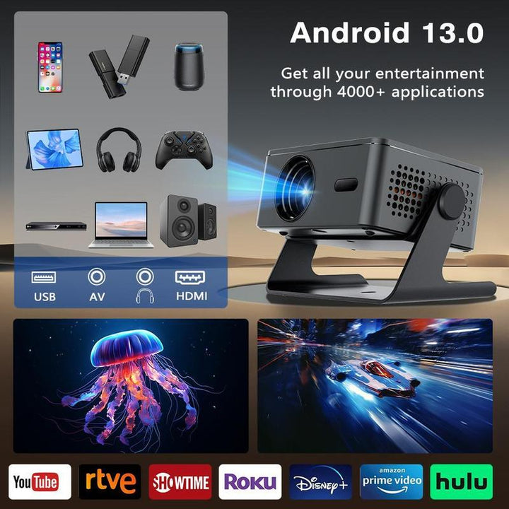 Ultimate Android 13 Smart Projector - Stunning 1080P Support, 200" Display, Auto Keystone Correction, WiFi & Bluetooth 5.0