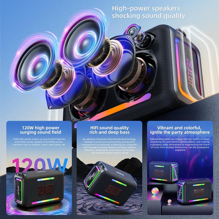 ZEALOT S95 120W Waterproof Wireless Speaker - Portable Rechargeable Sound System with LED Light for Home, Outdoor, Camping, and Parties - Perfect Gift for Men