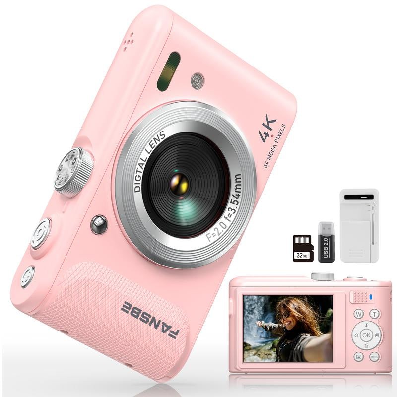 Capture Every Adventure: Travel-Friendly 4K Compact Camera - 64MP, 18X Zoom, Autofocus, Anti-Shake, 8 Modes, Stylish Pink with 32GB Card & Charger