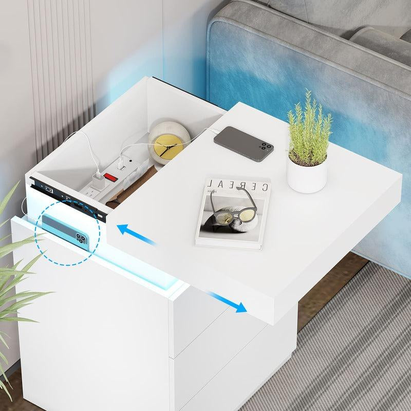 Sikaic Modern Nightstand with Sliding Top Charging Station & LED Lights - Stylish Bedroom Furniture