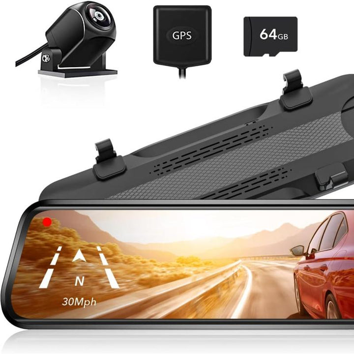 WOLFBOX G840S 12" 4K Mirror Dash Cam - Dual Cameras, Night Vision, GPS & 32GB Card - Ultimate Backup Camera for Cars & Trucks - Perfect Father's Day Gift!