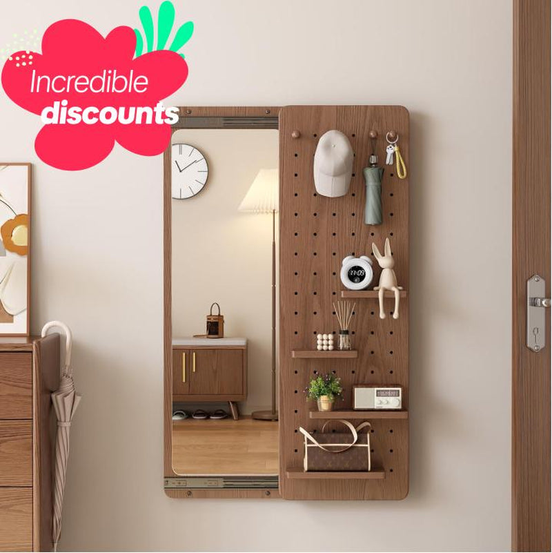 Rustic Full-Length Wall Mirror with Shelf & Hooks - Solid Wood Multifunctional Panel for Bedroom, Living Room, Entryway