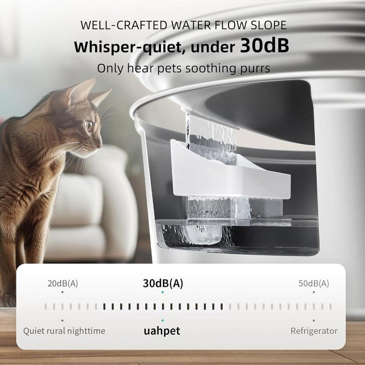 Uahpet Cordless Stainless Steel Cat Water Fountain - 67Oz/2L Easy-Clean Battery-Operated Pet Dispenser