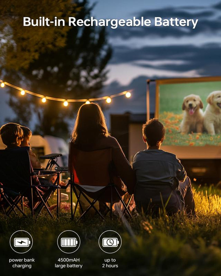 Ultra-Compact Mini Projector with 9.0 Android, 5G WiFi, Bluetooth, 3D & 4K Support, Rechargeable Battery, Mobile Connectivity, HDMI & USB, Automatic Keystone Correction, and Built-In Audio