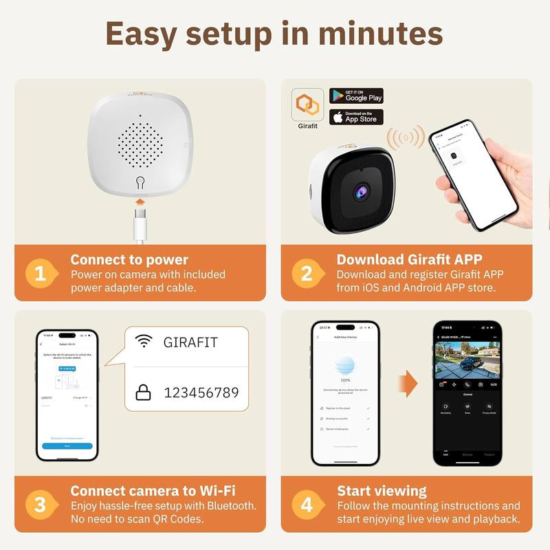 3MP 2K Indoor Security Camera with Night Vision, Motion Detection & 24/7 Recording - Easy Install, Dual Wifi Connectivity