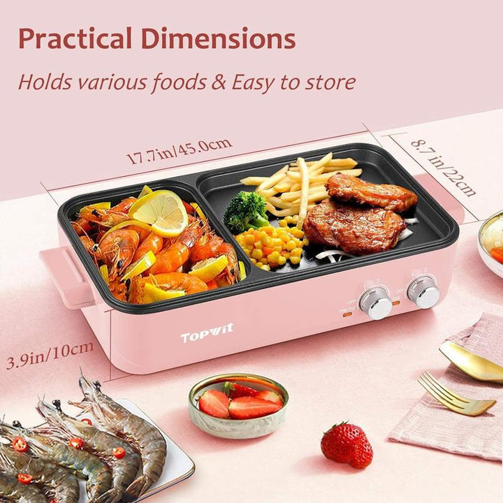 Topwit 2-in-1 Electric Hot Pot & Grill - Non-Stick Indoor Cooker for Steaks, Shabu Shabu, Noodles & Korean BBQ with Dual Temperature Control