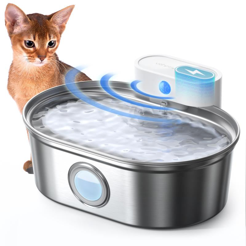 Uahpet Cordless Stainless Steel Cat Water Fountain - 67Oz/2L Easy-Clean Battery-Operated Pet Dispenser