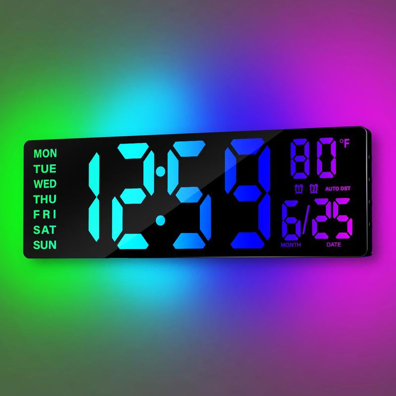 16.5" Large Digital Wall Clock with Remote Control - RGB Atmosphere Lights, Dual Alarms & Big LED Display for Home, Classroom & Game Decor - Auto DST Adjustment