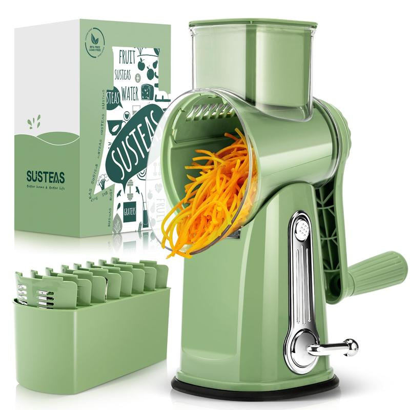 SUSTEAS Retro Green Rotary Cheese Grater with 5 Blades & Strong Suction Base - Perfect Mandoline Slicing Kitchen Tool!
