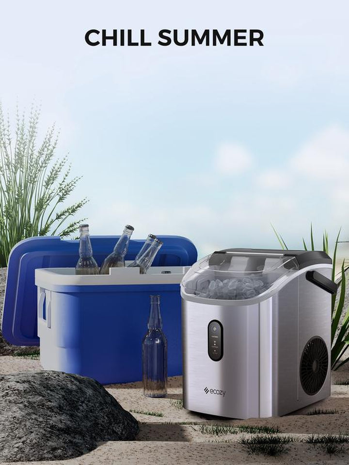 Ecozy Countertop Sonic Nugget Ice Maker - Chewable Ice Cubes, 33 Lbs Daily Output, Self-Cleaning Stainless Steel for Parties, Kitchens, and Bars