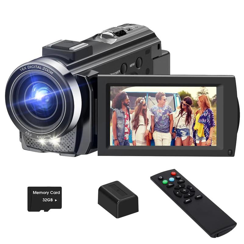 Portable 1080P Full HD Video Camcorder with Remote, 32GB Card & Fill Light - Perfect for Indoor & Outdoor Recording, Ideal Gift for Boyfriends
