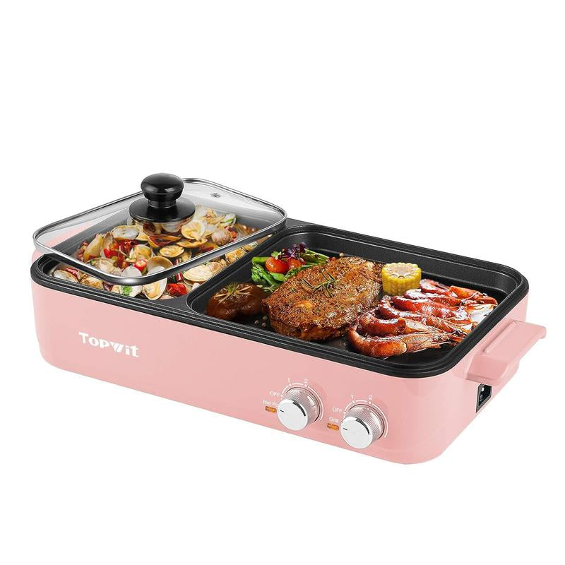 Topwit 2-in-1 Electric Hot Pot & Grill - Non-Stick Indoor Cooker for Steaks, Shabu Shabu, Noodles & Korean BBQ with Dual Temperature Control
