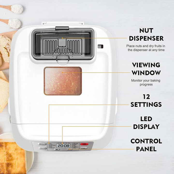 Premium 12-in-1 Automatic Bread Maker - 2LB Capacity, Auto Fruit & Nut Dispenser, Gluten-Free Options, 13-Hour Timer, 1-Hour Keep Warm, 3 Crust Colors - Sleek White Design