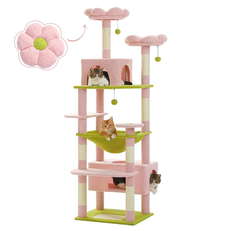 Luxurious 72-Inch Flower & Cactus Cat Tree with Scratching Posts, Cozy Perches, and Condos – Perfect Indoor Playground for Your Feline Friend (Gray/Dark Gray/Beige)