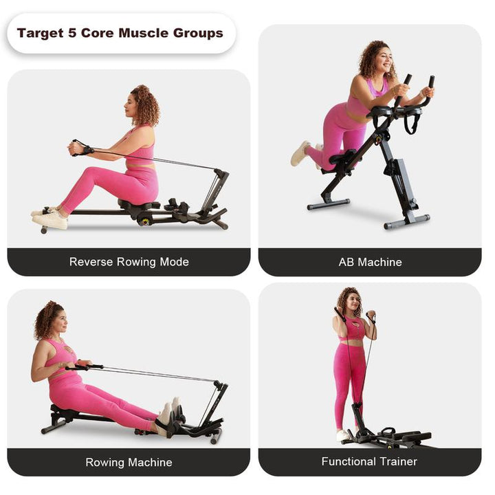 2-in-1 Adjustable Rowing and Ab Crunch Machine with LCD Monitor - Foldable Home Workout Equipment for Effective Stomach Exercises