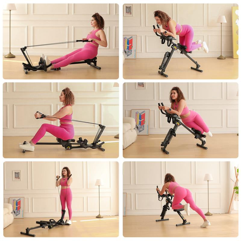 2-in-1 Adjustable Rowing and Ab Crunch Machine with LCD Monitor - Foldable Home Workout Equipment for Effective Stomach Exercises
