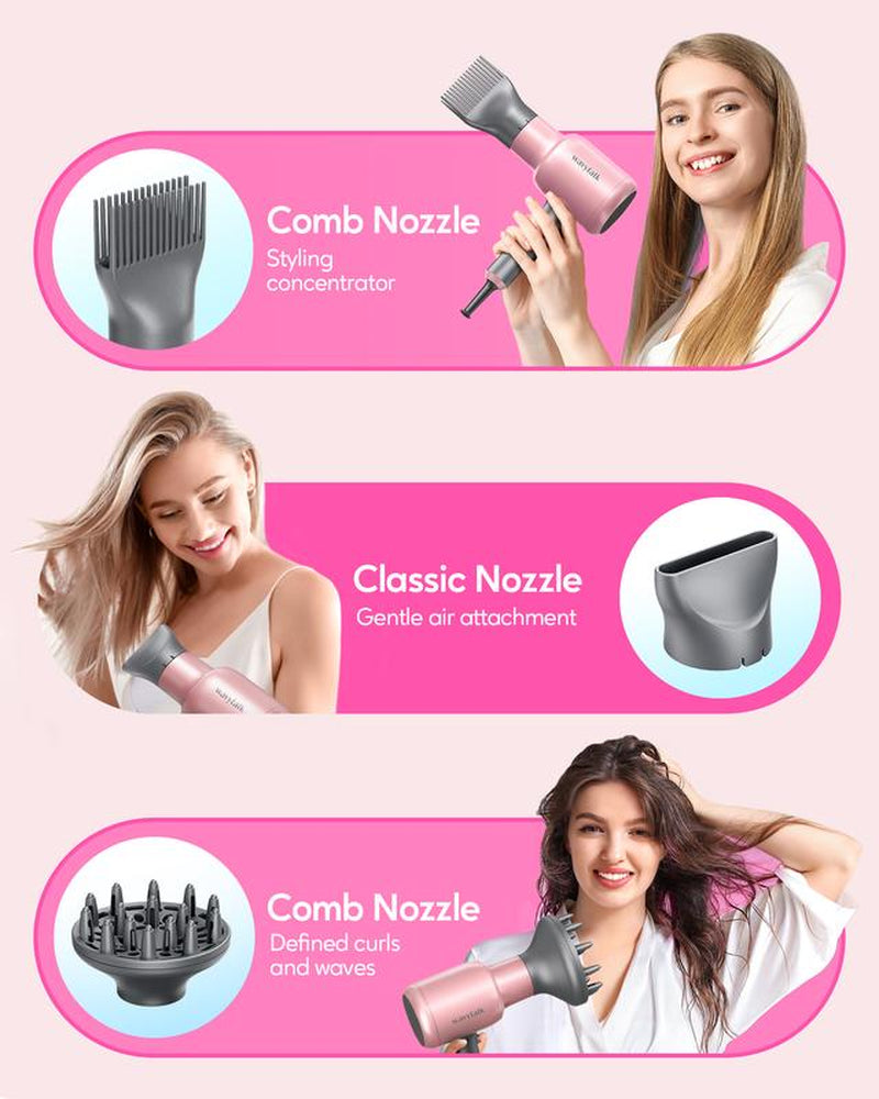 Wavytalk Ionic Hair Dryer - 1875W Quick-Dry with Ceramic Heat Protection, Lightweight & Quiet, Includes Diffuser & Styling Comb for All Hair Types