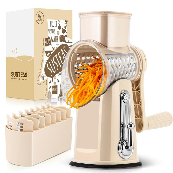SUSTEAS Retro Green Rotary Cheese Grater with 5 Blades & Strong Suction Base - Perfect Mandoline Slicing Kitchen Tool!