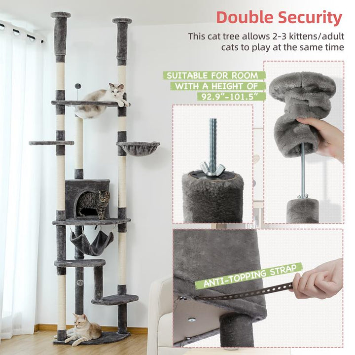 Adjustable PAWZ Road 92.9-101.6 Inch Floor to Ceiling Cat Tree with Scratching Posts, Condo, Perches & Hammock – Perfect for Indoor Cats!