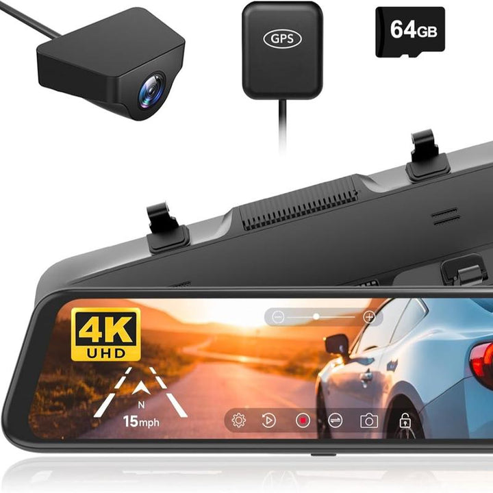 WOLFBOX G840S 12" 4K Mirror Dash Cam - Dual Cameras, Night Vision, GPS & 32GB Card - Ultimate Backup Camera for Cars & Trucks - Perfect Father's Day Gift!