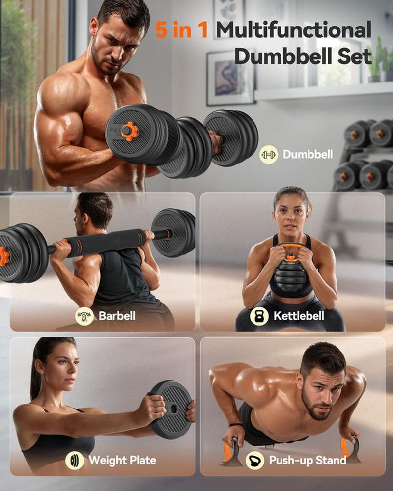 FEIERDUN 4-in-1 Adjustable Dumbbells Set (20/90 Lbs) - Versatile Home Gym Equipment for Barbell, Kettlebell & Push-Ups - Perfect for Men & Women
