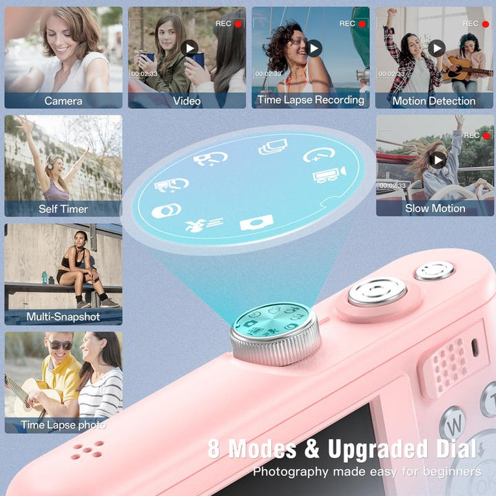 Capture Every Adventure: Travel-Friendly 4K Compact Camera - 64MP, 18X Zoom, Autofocus, Anti-Shake, 8 Modes, Stylish Pink with 32GB Card & Charger