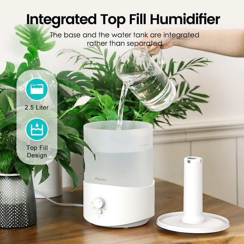 Pharata 2.5L Top Fill Cool Mist Humidifier & Essential Oil Diffuser - Ideal for Bedrooms, Babies, and Lush Indoor Plants