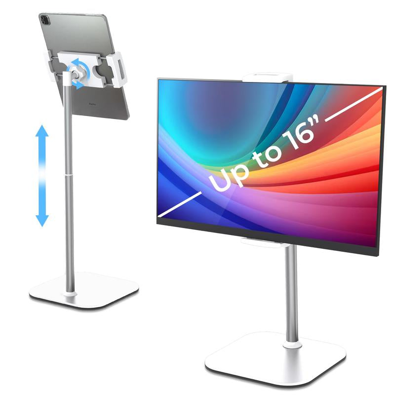Height-Adjustable Ipad Stand for Desk with Metal Base, 16" Portable Monitor Holder. 360° Rotation & Tilt for Ipad, Tablets, & Digital Devices.