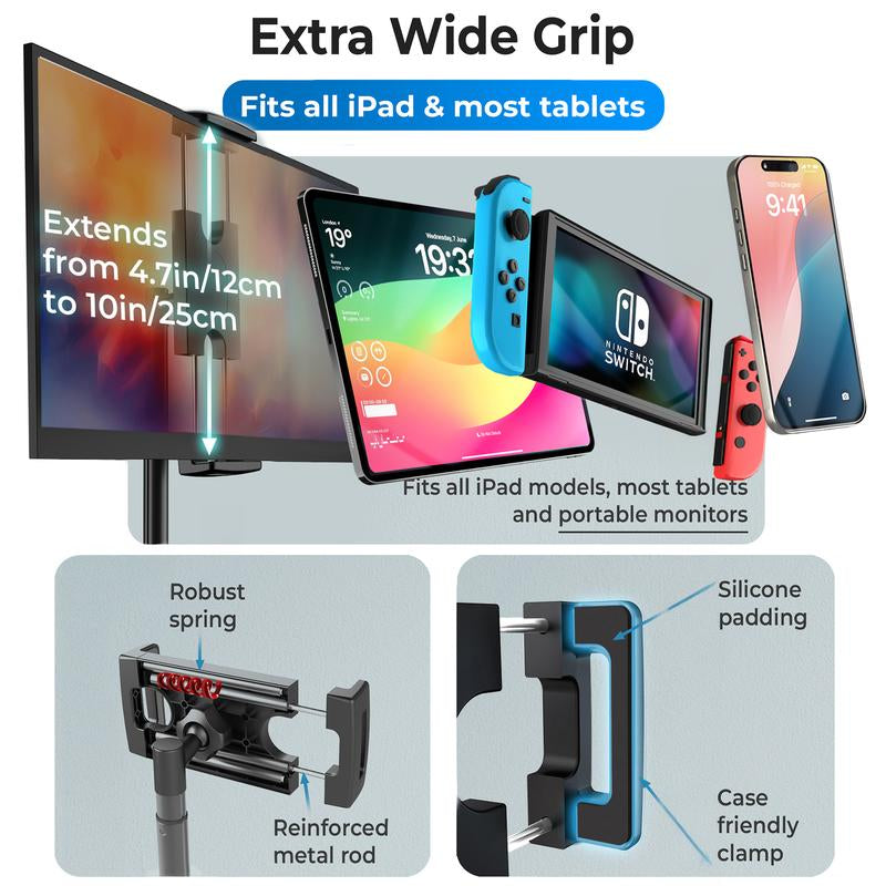 Height-Adjustable Ipad Stand for Desk with Metal Base, 16" Portable Monitor Holder. 360° Rotation & Tilt for Ipad, Tablets, & Digital Devices.