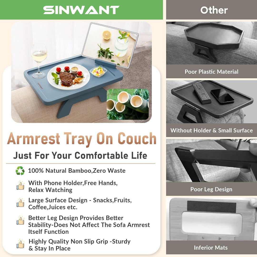 Bamboo Couch Arm Table with 360° Phone Holder - The Ultimate Tray for Eating, Drinking, and Relaxing!