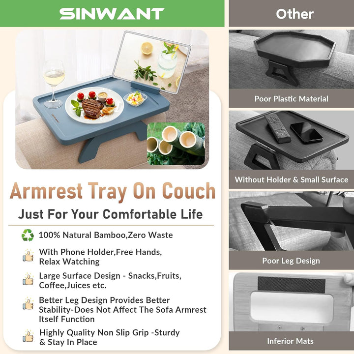 Bamboo Couch Arm Table with 360° Phone Holder - The Ultimate Tray for Eating, Drinking, and Relaxing!