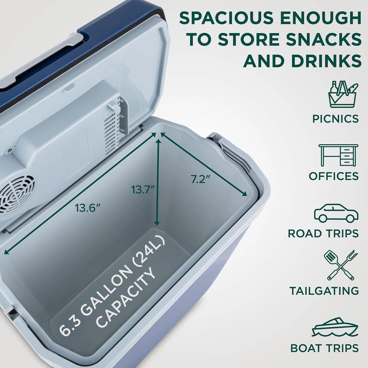 Versatile 24L Portable Thermoelectric Cooler & Warmer - 12V Plug-In, 40°-130°F Temp Range, Perfect for Drinks (Blue)
