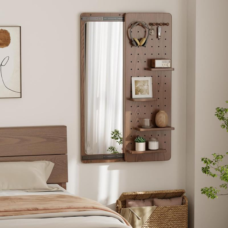 Rustic Full-Length Wall Mirror with Shelf & Hooks - Solid Wood Multifunctional Panel for Bedroom, Living Room, Entryway