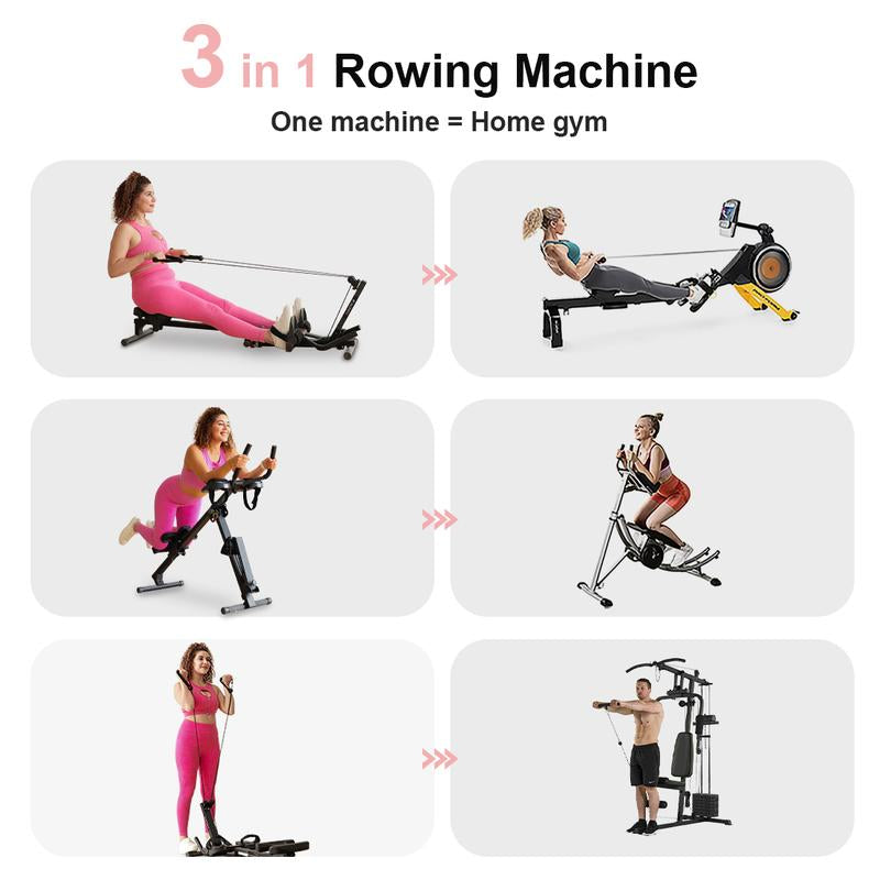 2-in-1 Adjustable Rowing and Ab Crunch Machine with LCD Monitor - Foldable Home Workout Equipment for Effective Stomach Exercises