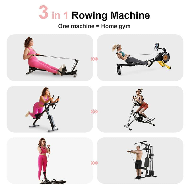 2-in-1 Adjustable Rowing and Ab Crunch Machine with LCD Monitor - Foldable Home Workout Equipment for Effective Stomach Exercises