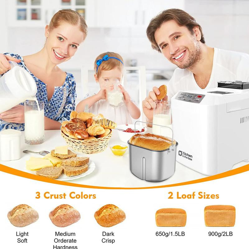 Premium 12-in-1 Automatic Bread Maker - 2LB Capacity, Auto Fruit & Nut Dispenser, Gluten-Free Options, 13-Hour Timer, 1-Hour Keep Warm, 3 Crust Colors - Sleek White Design