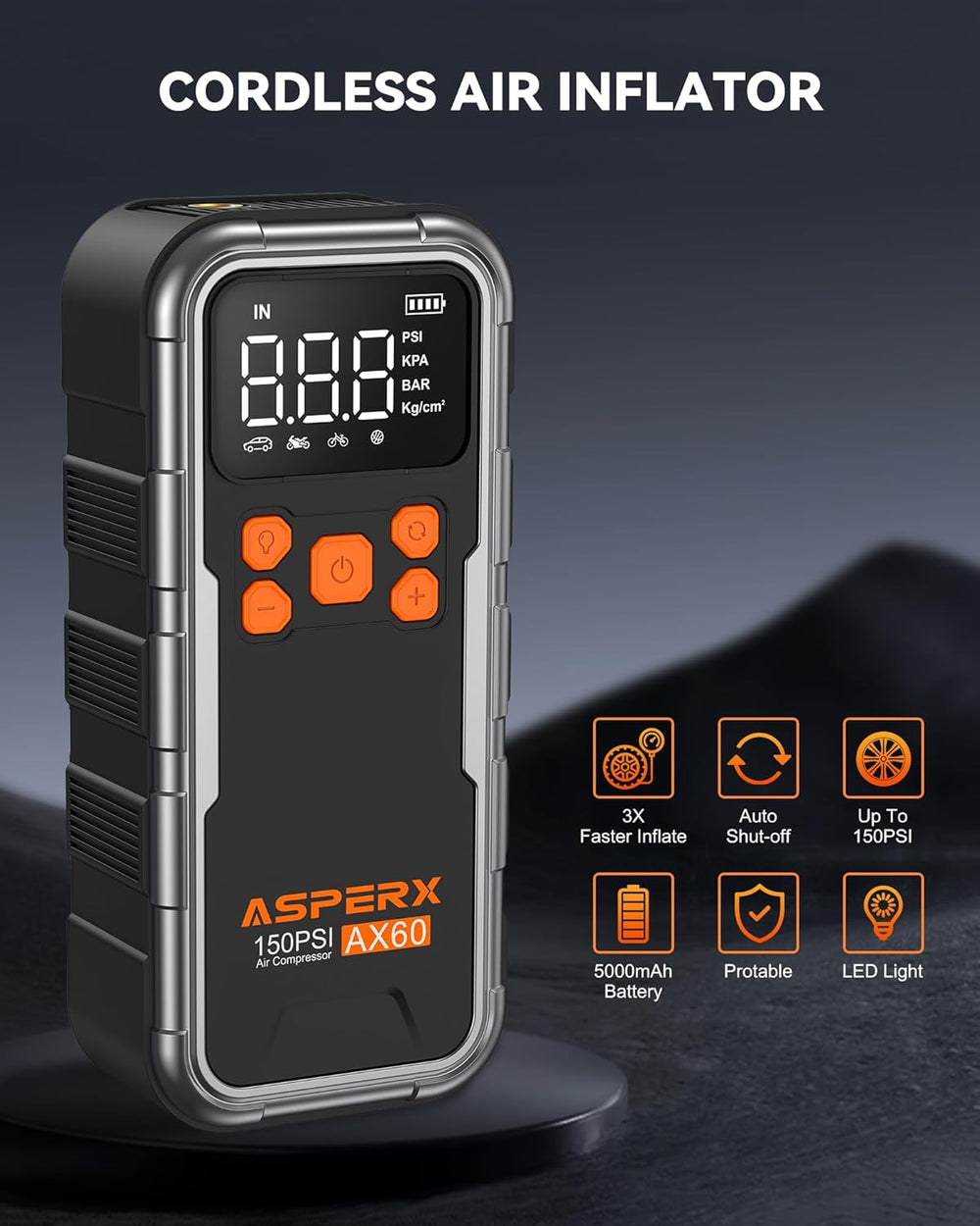 Ultimate Portable Tire Inflator & Air Compressor - 150PSI Cordless Pump with Digital Gauge & LED Light - Inflate 3X Faster for Cars, Motorcycles, and More!