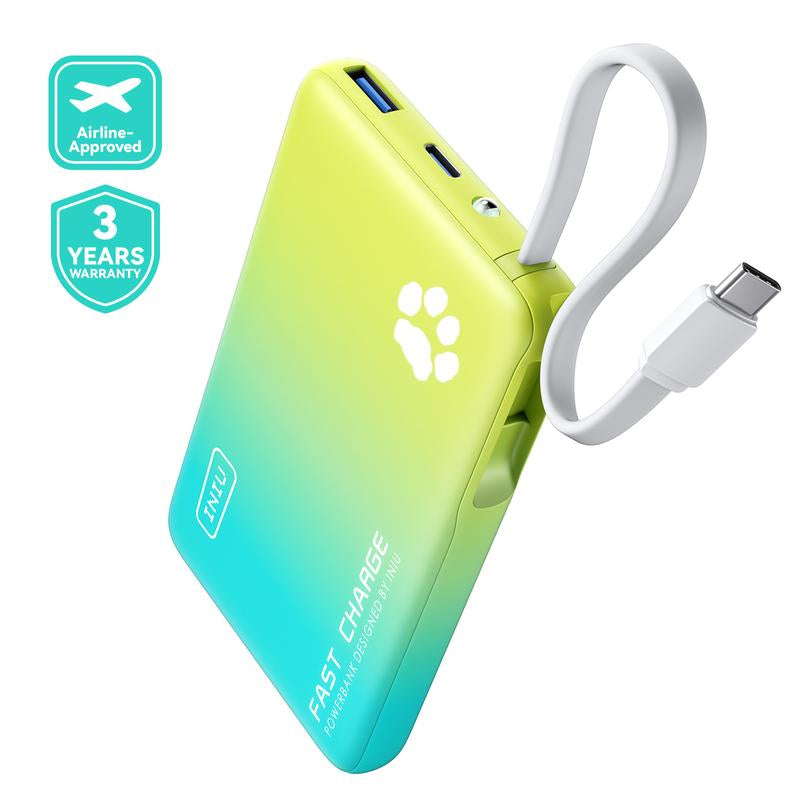 INIU Pawgo 45W Power Bank, Portable Charger, Slimmest 10000Mah Power Bank with Build in USB-C Cable, 45W PD Fast Charging USB C In&Out Battery Pack, External Phone Charger for Iphone 16 15 14 13 12 11 Samsung S24 S23 S22 S21 Google Etc Compact Handy