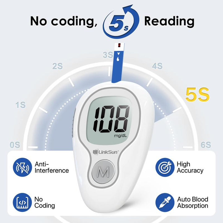 Linksun Blood Glucose Monitor Kit - Ultimate Home Testing Solution with 100 Test Strips & Lancets, 500 Memory, No Coding, Accurate Mmol/L Results