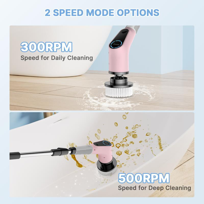 Revitalize Your Cleaning Routine This Summer! Dovety Pink Electric Spin Scrubber with 8 Brush Heads, 2 Speeds & Adjustable Handle - Perfect for Bathroom, Kitchen, Tub, Tile & Floor!