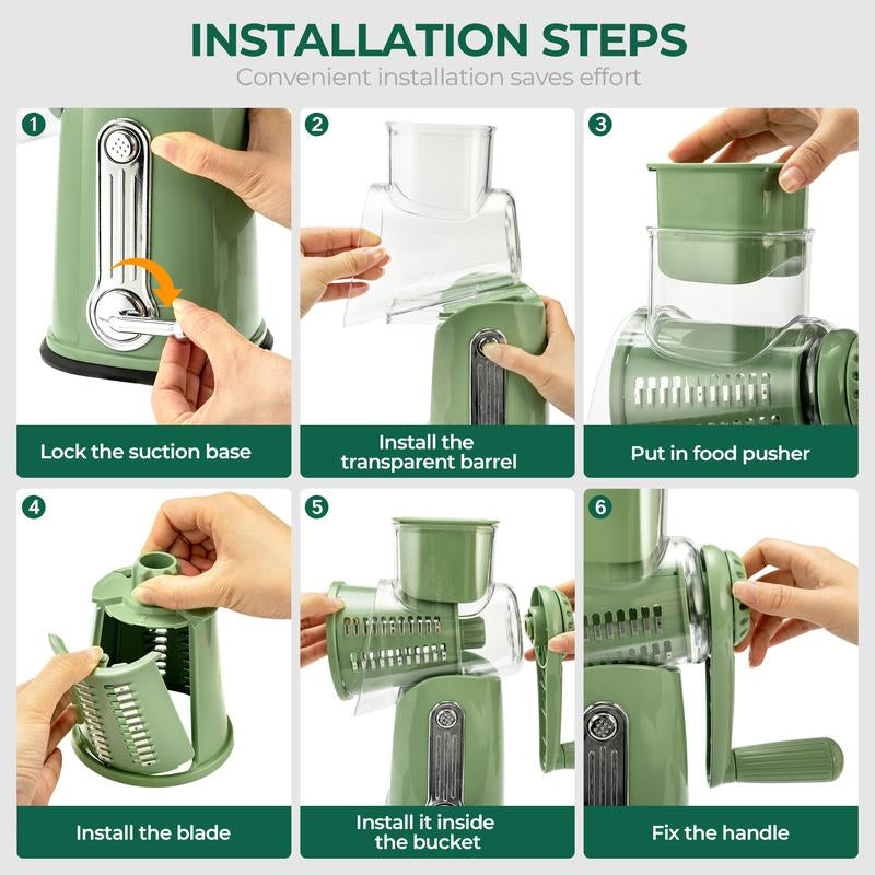 SUSTEAS Retro Green Rotary Cheese Grater with 5 Blades & Strong Suction Base - Perfect Mandoline Slicing Kitchen Tool!