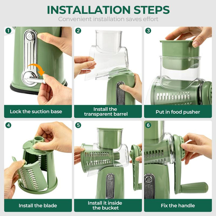 SUSTEAS Retro Green Rotary Cheese Grater with 5 Blades & Strong Suction Base - Perfect Mandoline Slicing Kitchen Tool!