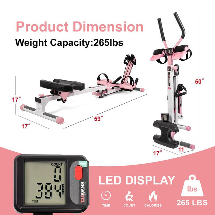 2-in-1 Adjustable Rowing and Ab Crunch Machine with LCD Monitor - Foldable Home Workout Equipment for Effective Stomach Exercises