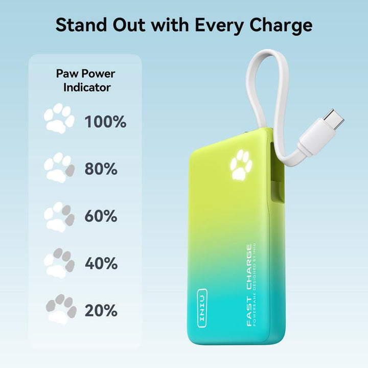 INIU Pawgo 45W Power Bank, Portable Charger, Slimmest 10000Mah Power Bank with Build in USB-C Cable, 45W PD Fast Charging USB C In&Out Battery Pack, External Phone Charger for Iphone 16 15 14 13 12 11 Samsung S24 S23 S22 S21 Google Etc Compact Handy