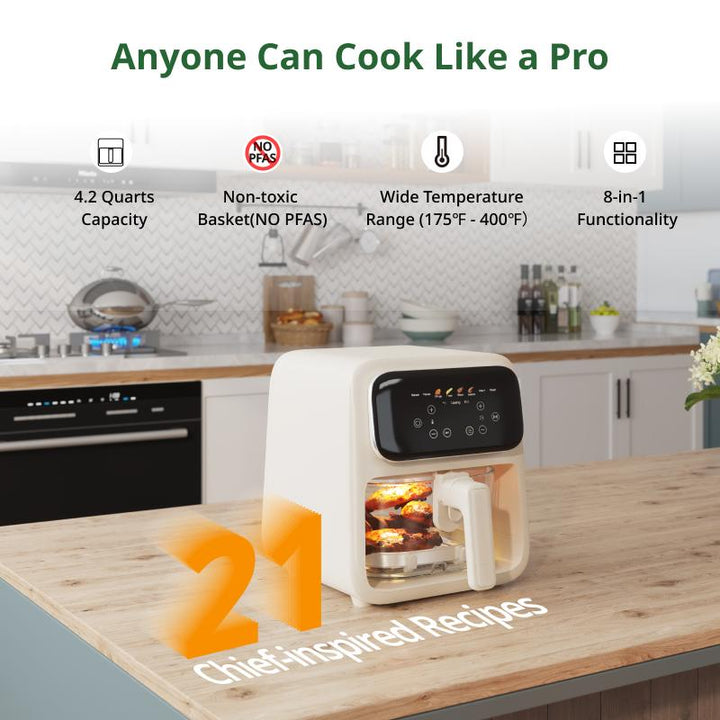 Crispy Quiet 4-in-1 Non-Toxic Glass Air Fryer & Containers - 4.2Qt, Dishwasher Safe, 400°F Air Crisp Technology for Easy Meals - Ivory