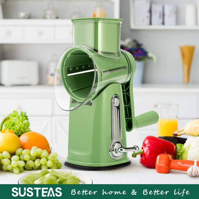 SUSTEAS Retro Green Rotary Cheese Grater with 5 Blades & Strong Suction Base - Perfect Mandoline Slicing Kitchen Tool!