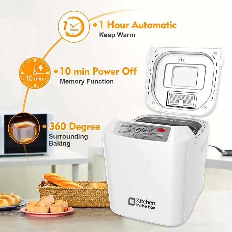 Premium 12-in-1 Automatic Bread Maker - 2LB Capacity, Auto Fruit & Nut Dispenser, Gluten-Free Options, 13-Hour Timer, 1-Hour Keep Warm, 3 Crust Colors - Sleek White Design