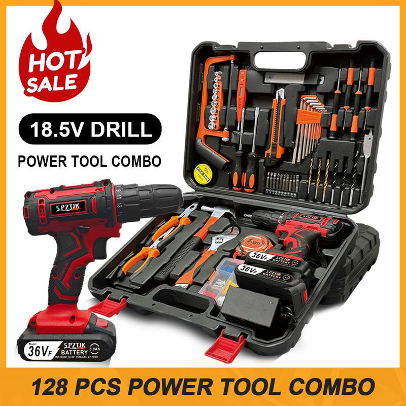 SPZTJK 128-Piece 36V Lithium-Ion Cordless Drill & Tool Set – Ultimate Power Drill Kit with Battery & Charger for DIY Enthusiasts & Homeowners - Ideal Gift for Home Improvement Projects (Red)