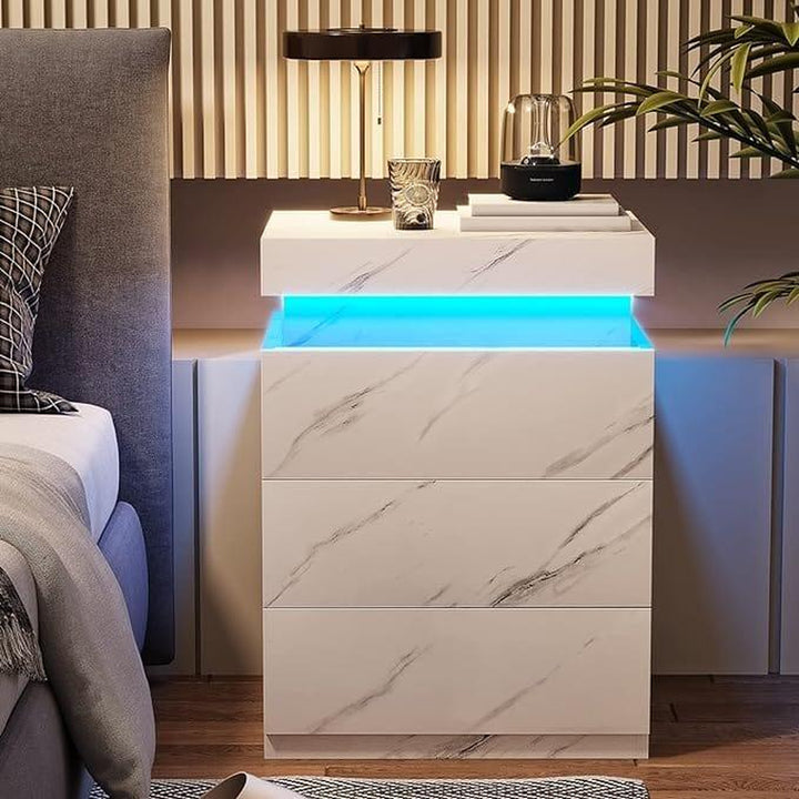 Sikaic Modern Nightstand with Sliding Top Charging Station & LED Lights - Stylish Bedroom Furniture