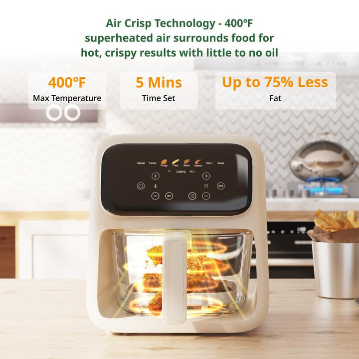 Crispy Quiet 4-in-1 Non-Toxic Glass Air Fryer & Containers - 4.2Qt, Dishwasher Safe, 400°F Air Crisp Technology for Easy Meals - Ivory